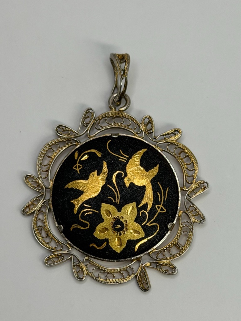 Vintage Damascene Floral Bird Pendant